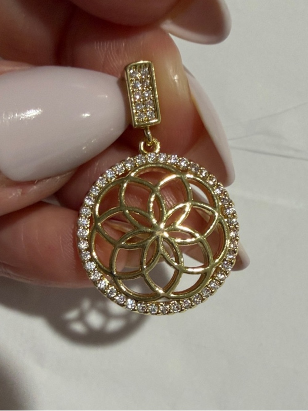 Gold Tone Floral Circle Pendant with Pavé Crystals